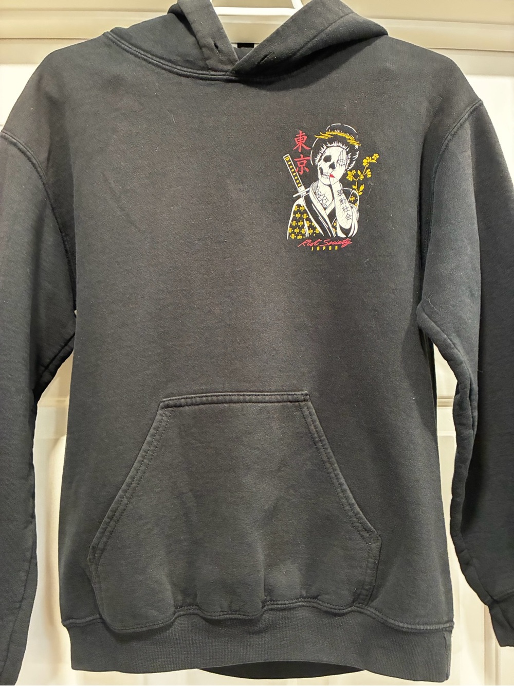 riot society Black Hoodie with Geisha Graphic and Yellow & Red Accents